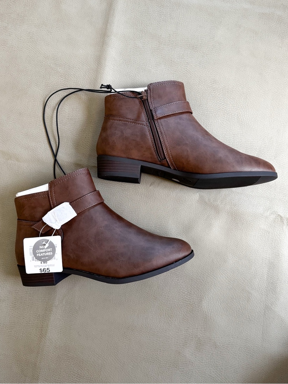 Leather Like Chocolate Ankle Fall Boots Low Stacked Heel with Bronze Buckle 8